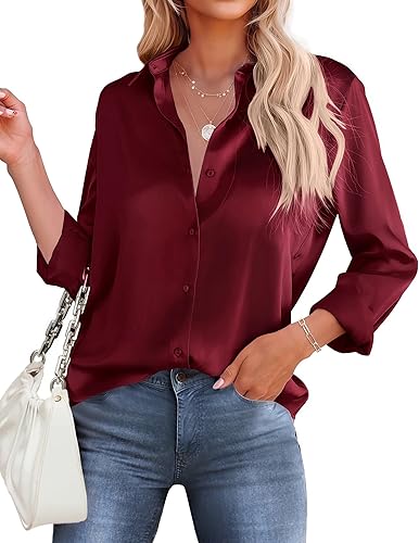 Button Down Shirts for Women Satin Silk Collared Dressy Casual