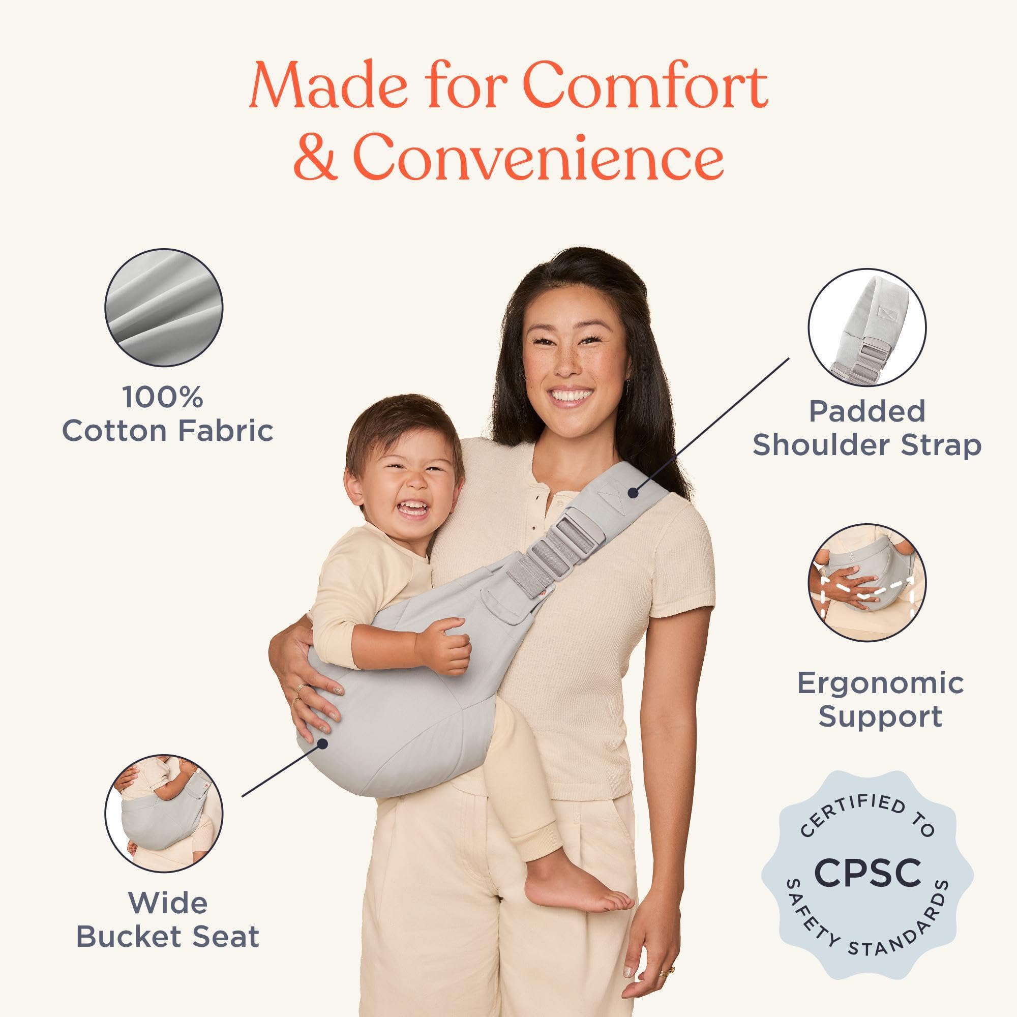 Mochila portabebés Ergobaby Upsie Sling, mochila ergonómica para bebés y niños pequeños a partir de 6 meses (7,7-20,4 kg), cambio espontáneo entre caminar y ser llevado en brazos, Pearl Grey — view 2