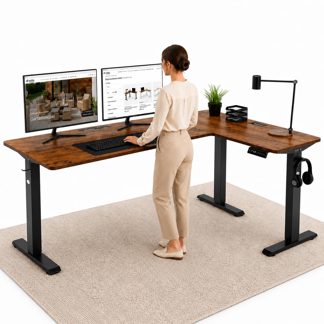 di volio Höhenverstellbarer Eckschreibtisch Braun Rechts 192×137 cm Trani | Elektrischer L-Schreibtisch, 2 Motoren, Memory-Funktion, stabile Konstruktion, Kabeldurchlässe, Haken, für Homeoffice