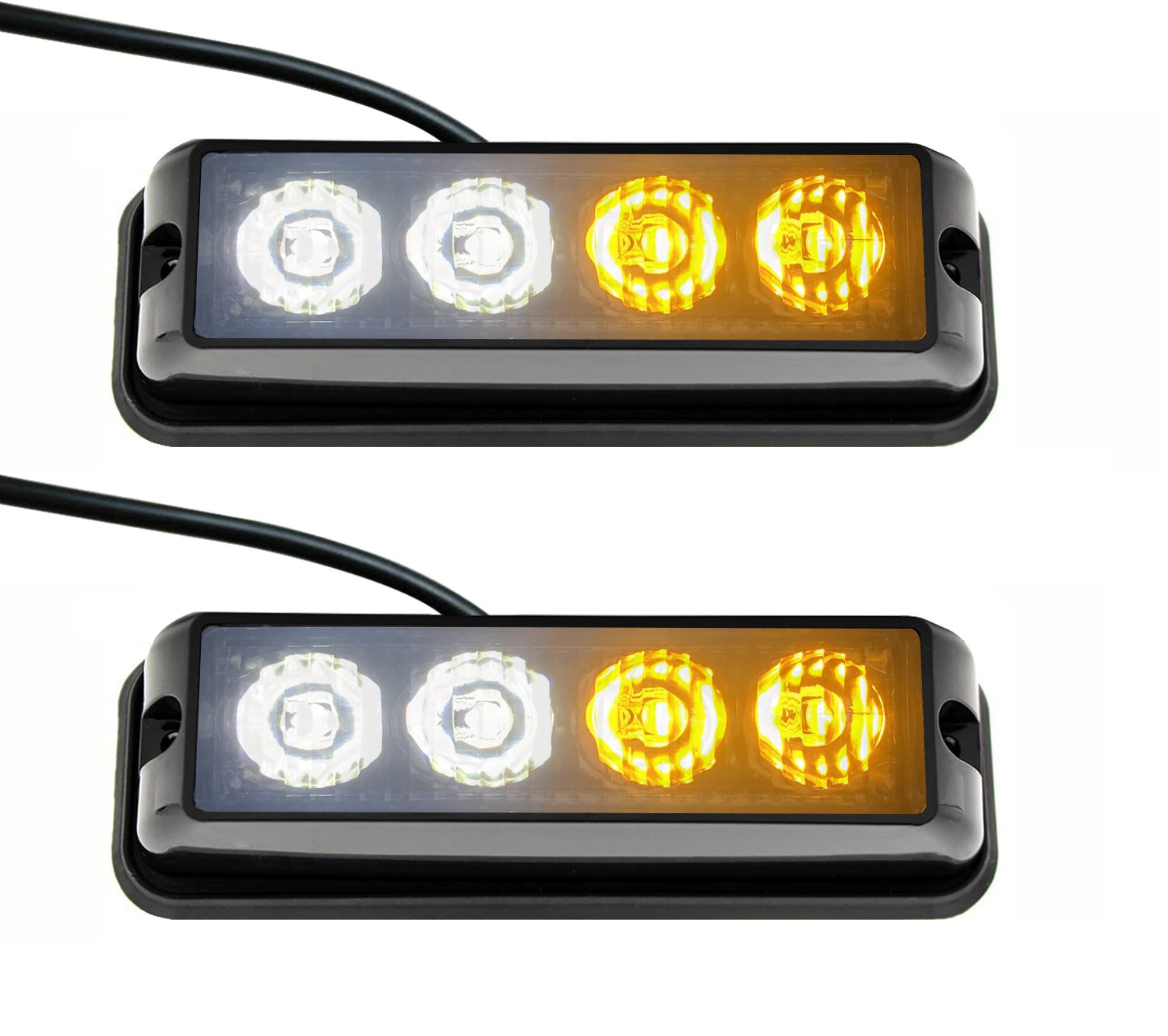 STBLTBAR 4 LED Emergency Strobe Lights Bar Super Bright Beacon Flash Caution Bars with 17 Different Flashing for Vehicles Trucks 2PCS (White&Yellow)