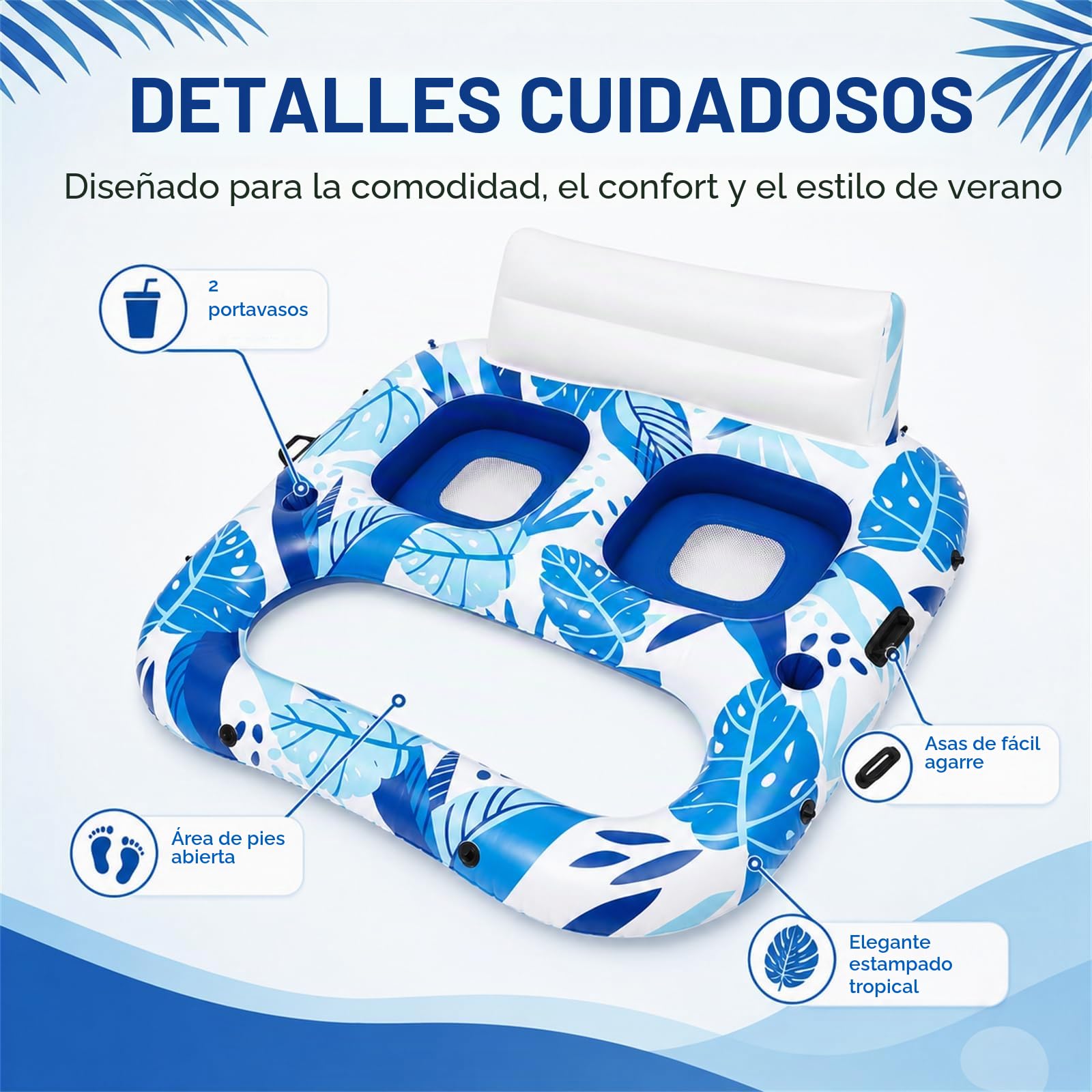 Sillón hinchable para 2 personas con respaldo grande | Isla de natación colchón de aire, soporte para bebidas, asa, para playa y piscina, para adultos
