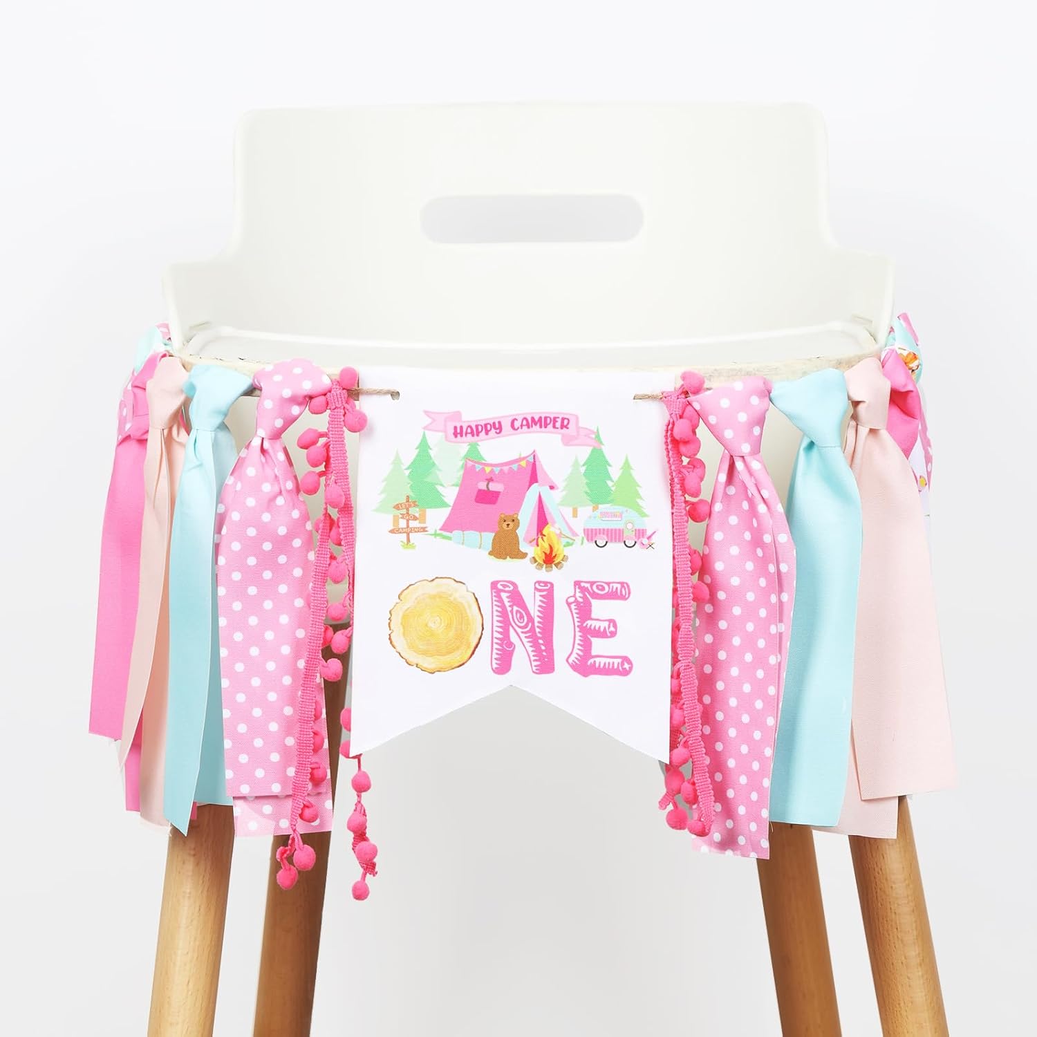 Kreatwow One Happy Camper High Chair Banner Camp Themed 1st Birthday Decorations Girl Pink Tent Adventure Camping First Birthday Highchair Banner for Wild One Party Happy Camper Birthday Supplies