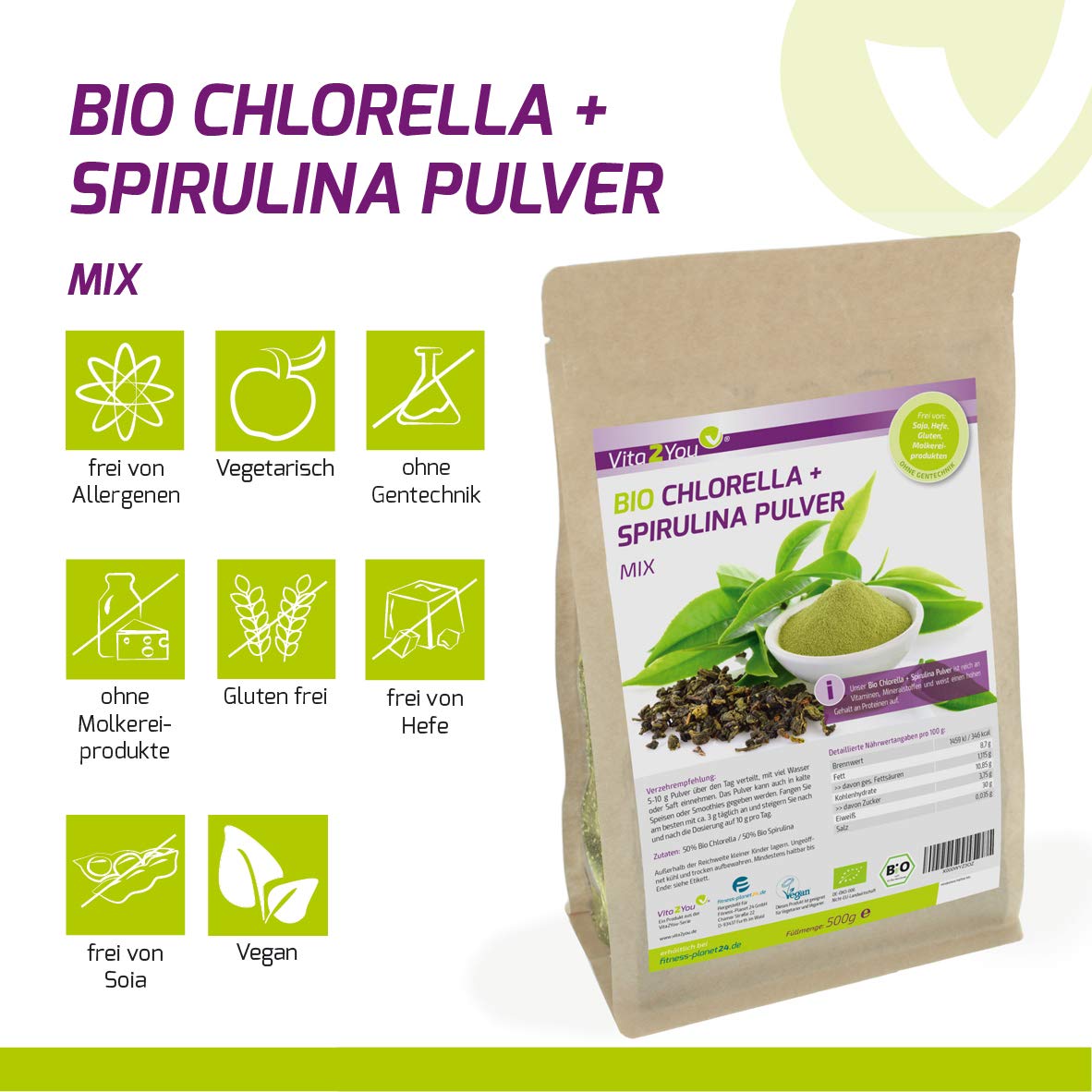 Vita2You BIO Chlorella + Spirulina Mix Pulver 500g - Verhältnis 50:50 - Aus Ökologischen Anbau DE-ÖKO-006 - Zippbeutel - Premium Qualität