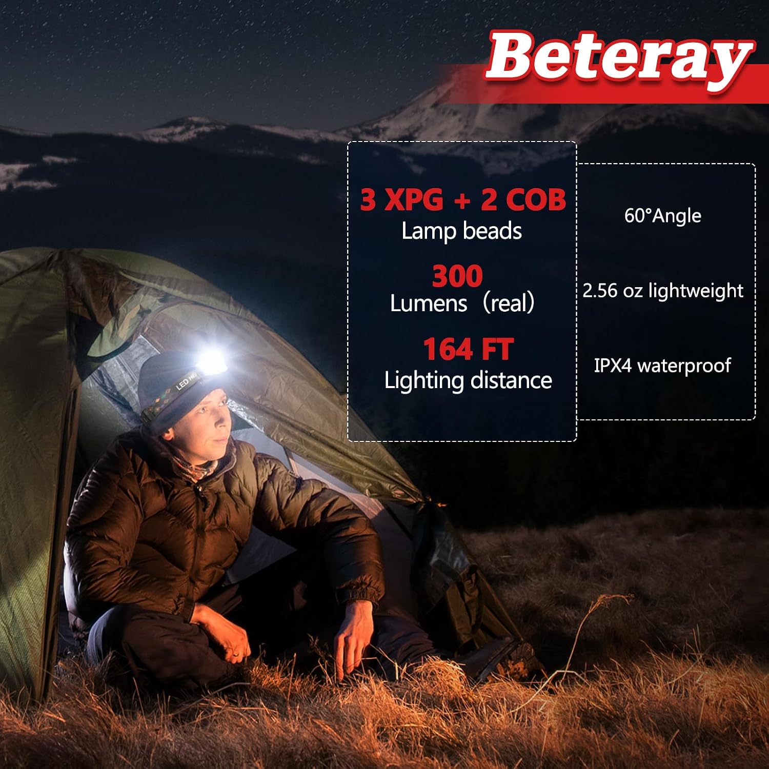 A person wearing the Beteray headlamp while camping, with key specifications like 3 XPG + 2 COB lamp beads, 300 lumens, 164 FT lighting distance, 60 degree angle, 2.56 oz lightweight, and IPX4 waterproof listed.
