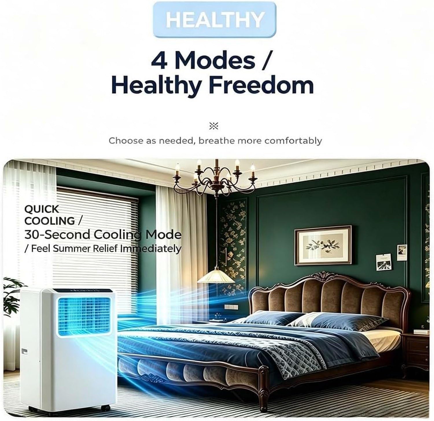 Tragbares Klimagerät, Inverter-AC mit Kühlen, Heizen, Entfeuchten & Belüftung, smartes Bedienfeld, Staubfilter mit 360°-Rollen für zuhause. Comes with UK 3-pin, Q3