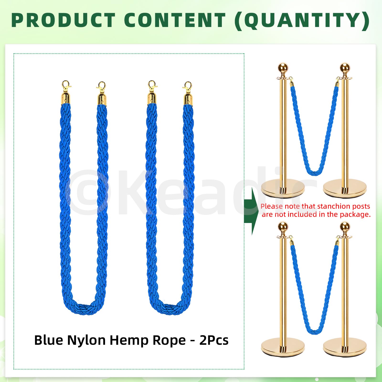 Keadic 2Pcs 5 Feet Nylon Crowd Control Ropes with Gold Clasps Hooks, Stanchion Posts Rope for Party Event, Hotels, Wedding, Museum (Blue) - Image 2