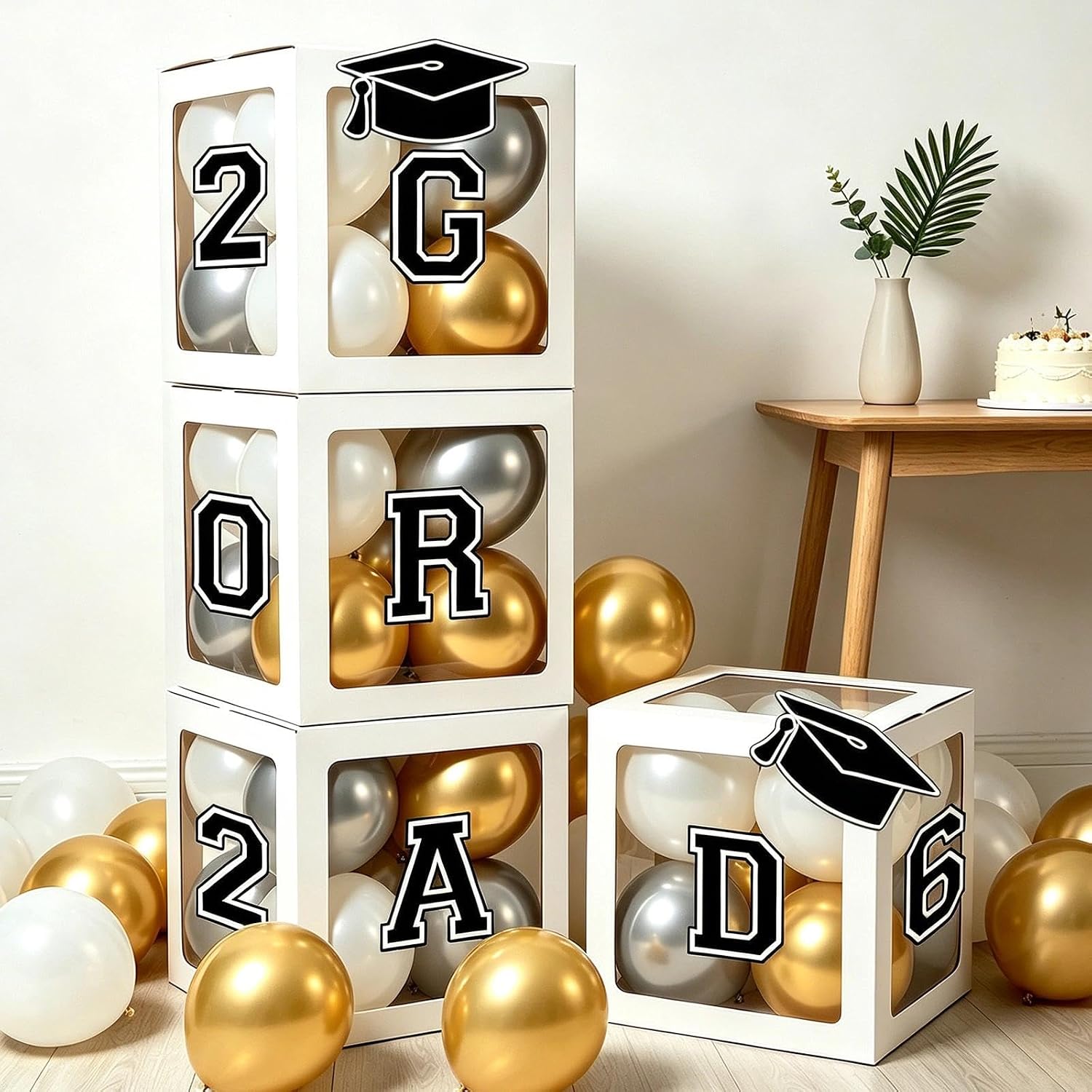Stackable 2026 Graduation Balloon Boxes–4 Pcs Transparent White Box with Letters – Foldable Party Decor for Preschool Kindergarten Middle High School College of Photo Backdrop Props(NO Balloons)