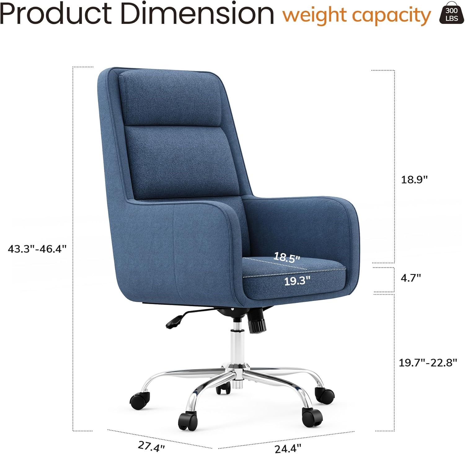 COLAMY Cocoon Modern High Back Home Desk Chair, Upholstered Office Chair with Wheels, Vanity Chair with Head and Lumbar Support, Armrest (Blue)