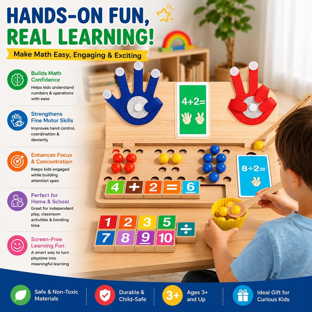 Montessori Math Learning Toy for Kids 3-7 – Wooden Counting Board with Beads, Number Blocks & Cards – Preschool STEM Educational Toy for Addition, Subtraction, Sorting & Fine Motor Skills image 5