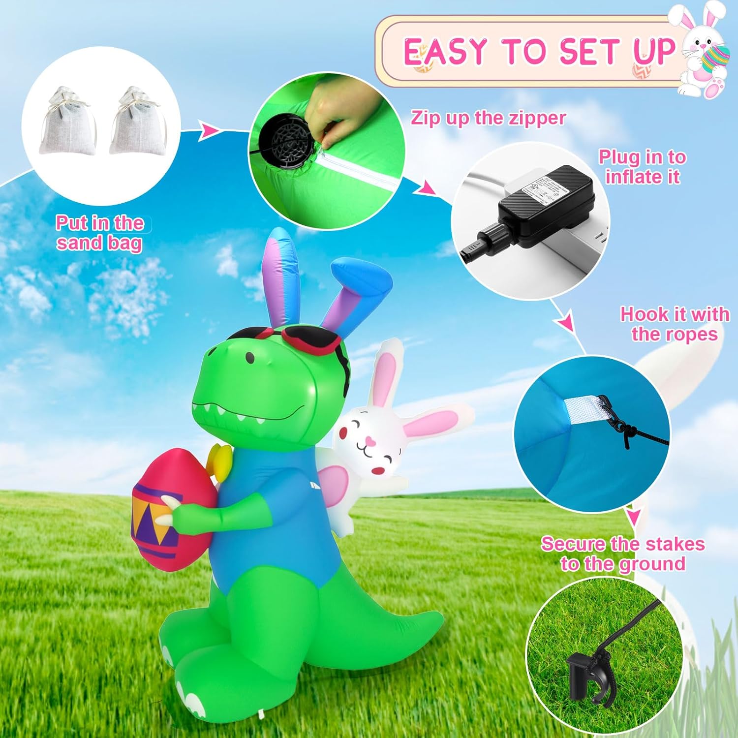 6FT Easter Inflatables Yard Outdoor Decorations, Cute Easter Inflatable Dinosaur Bunny with Eggs, Blow Up Yard Decorations Outdoor