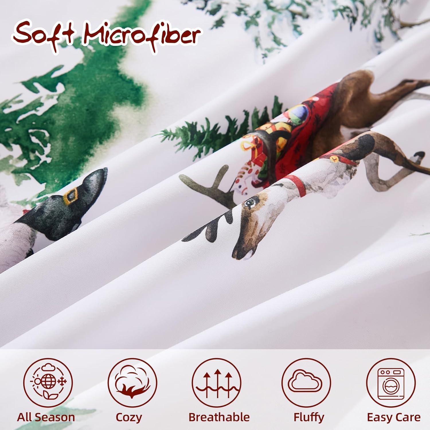 Christmas Duvet Cover Set Queen Size Santa Claus Snowman Christmas Tree Bedding Set, Microfiber Red Xmas Comforter Duvet Cover with Pillowcases Festive Winter Holiday Decor(Zipper Closure,90''x90'')