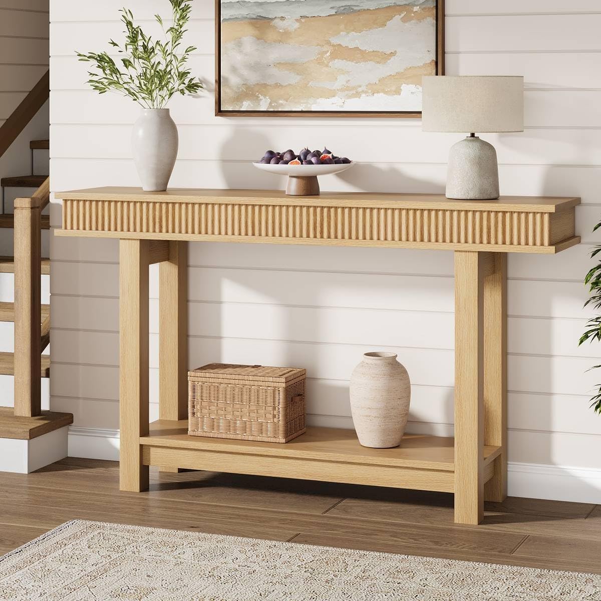 Garvee Mesa Consola Estrecha De Estilo Granja para Comedor - Diseño De Dos Niveles con Estante De Almacenamiento - Ideal para Entrada, Pasillo o Detrás del Sofá - Acabado En Madera Natural