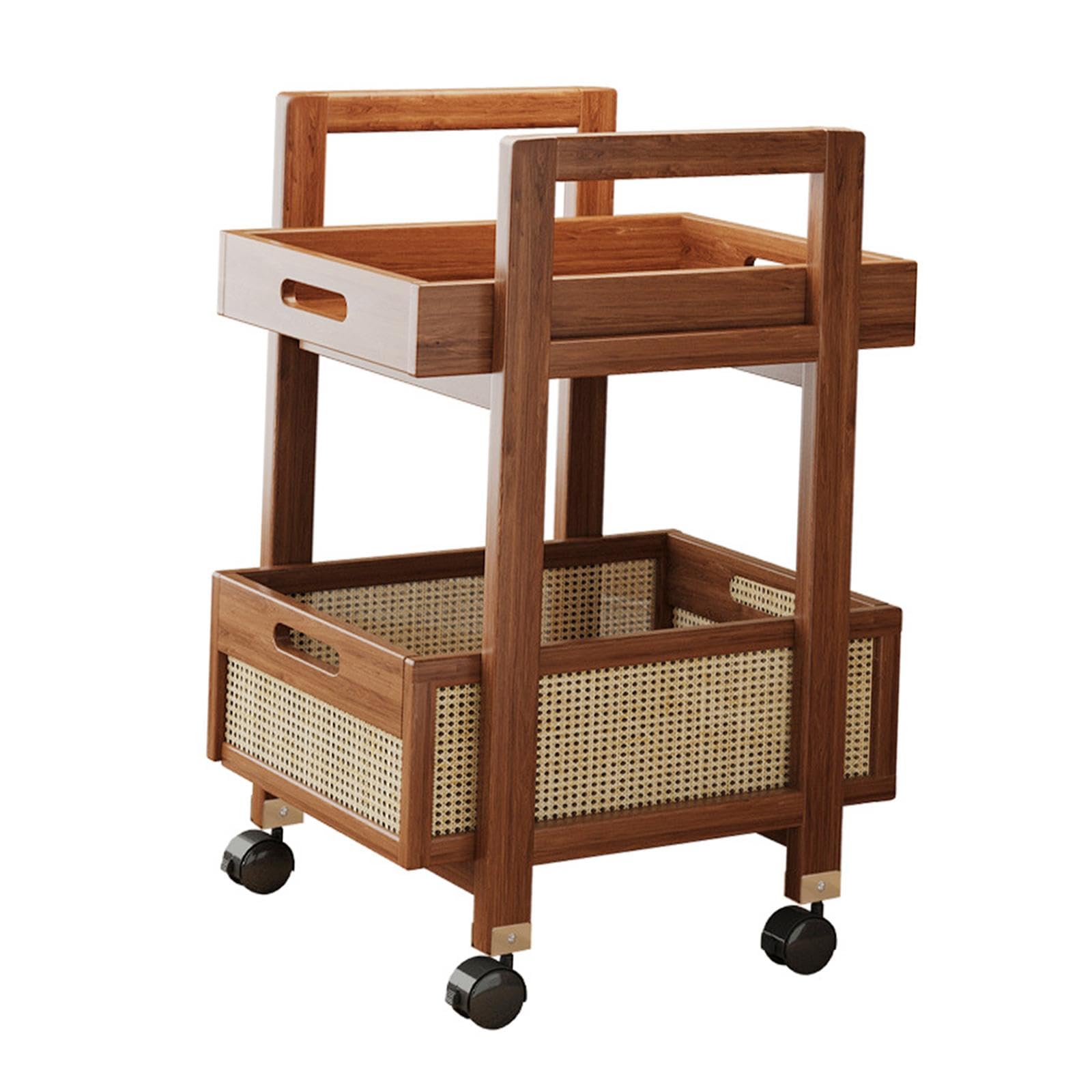 Carrello mobile da tè con design a 2 ripiani, per casa e dormitorio, carrello multiuso in bambù e MDF, con ruote e ruote bloccabili