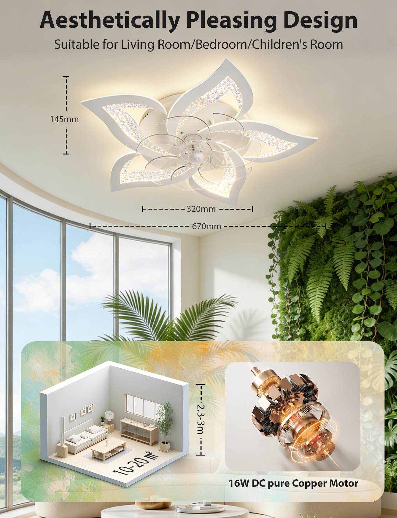 Aigostar Ventilatore da Soffitto con Luce e Telecomando Silenzioso Fiore - 40W Luce LED Regolabile 3000K-6500K, 16W Motor DC Reversibile, 6 Velocità con Timer per Casa (67cm, Bianco)