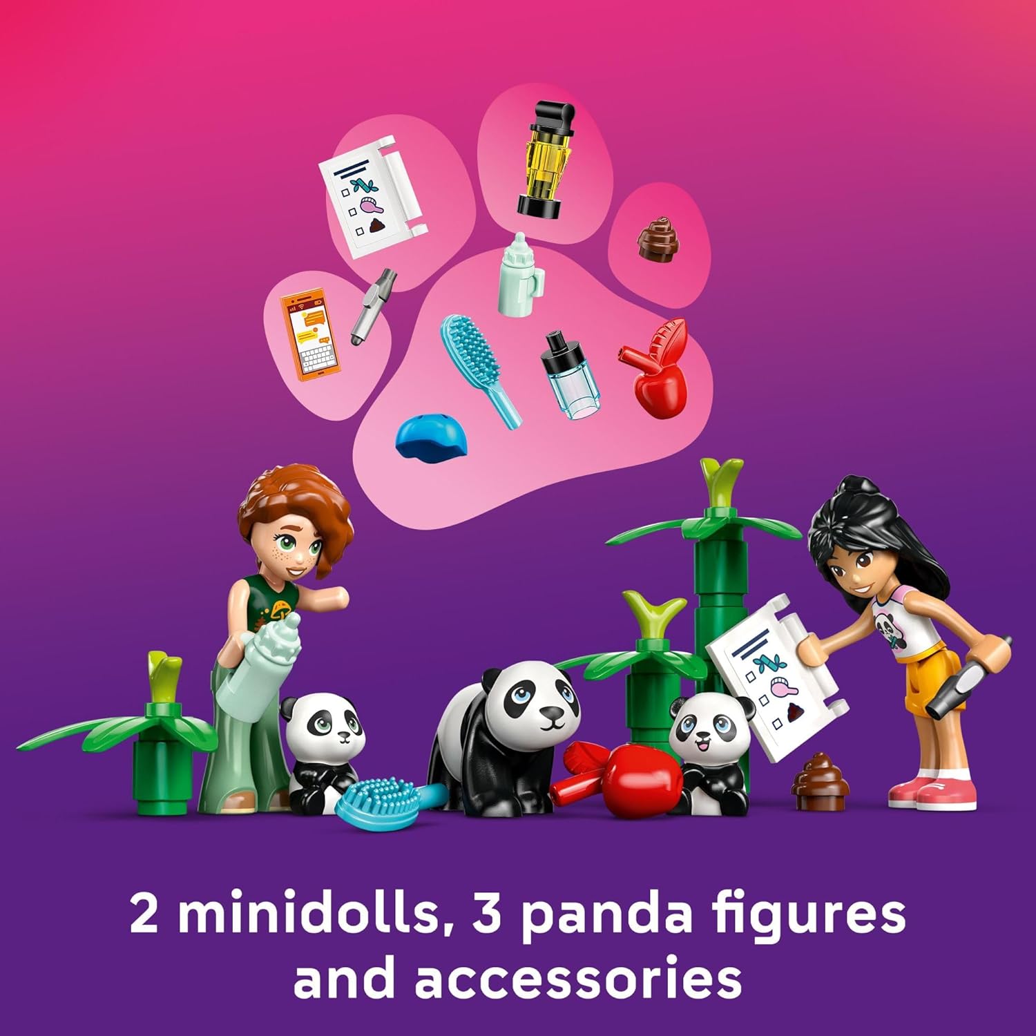 LEGO Friends minifigures and panda figures with various care accessories