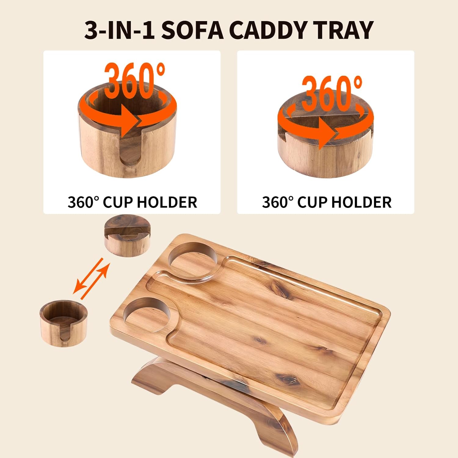 NEWBULIG Couch Cup Holder Tray, 3-in-1 Acacia Wood Sofa Arm Clip On Table with 360° Rotating Phone Holder, Foldable Stable Armrest Organizer for Drinks & Snacks, 15.35" x 9.8", Brown