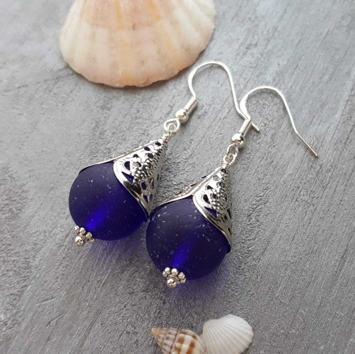 Handmade Sea Glass Earrings, Retro Revival Cobalt Earrings, Chunky Stone Weight Design, Sea Glass Jewelry Birthday Gift, Customization order is Available (September Birthstone)