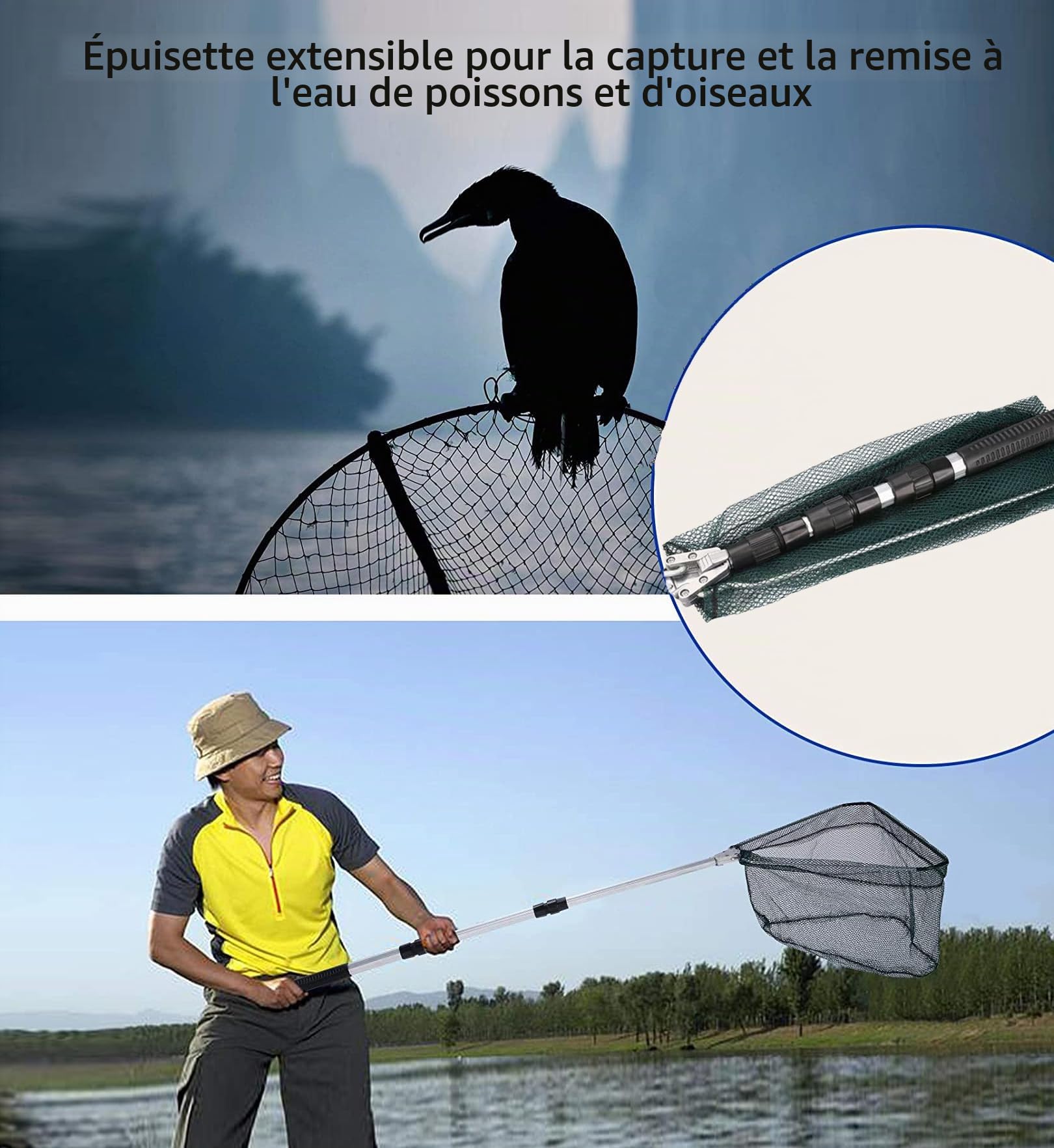 Épuisette de Pêche, Xndryan 170cm/130cm Long Manche Épuisette Téléscopique, Épuisette Pliable pour Pêche à La Carpe Truite Crevette Etang Bassin Poisson