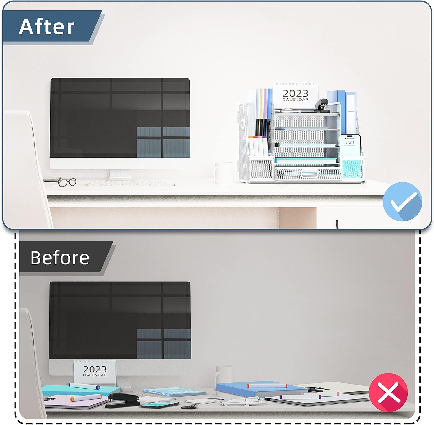 Schreibtisch-Organizer mit 5 Ebenen, Netzpapier Briefablage Organizer mit Zeitschriftenhalter, Schreibtischorganisation und Aufbewahrung mit Schublade für Bürobedarf Zuhause oder Schule, Weiß