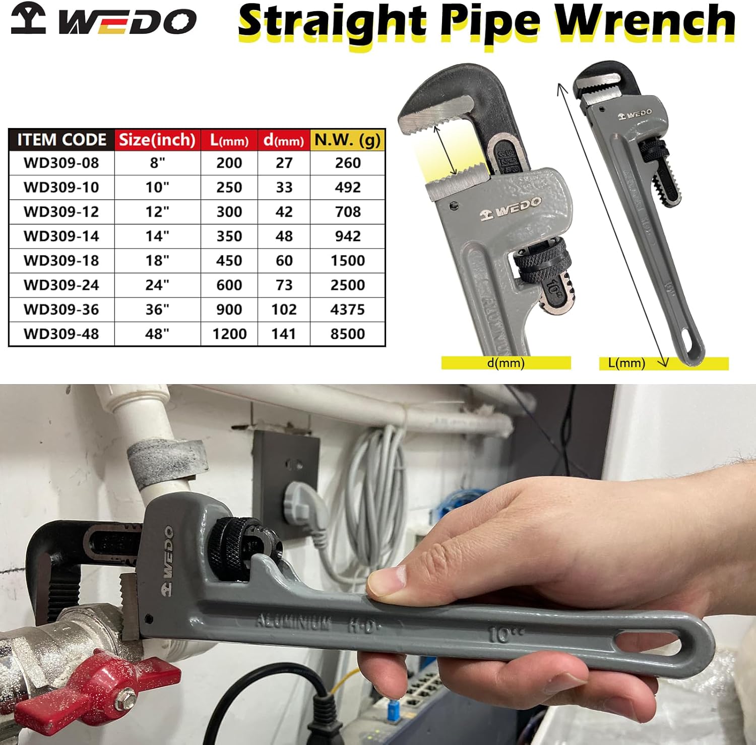 WEDO Straight Pipe Wrench 14", Plumbing Wrench, Aluminum Spanner,Opening max 65mm, Head Die-Forged of Chromium Molybdenum Steel, Jaw Heat Treated, HRC58-62, Aluminum Handle