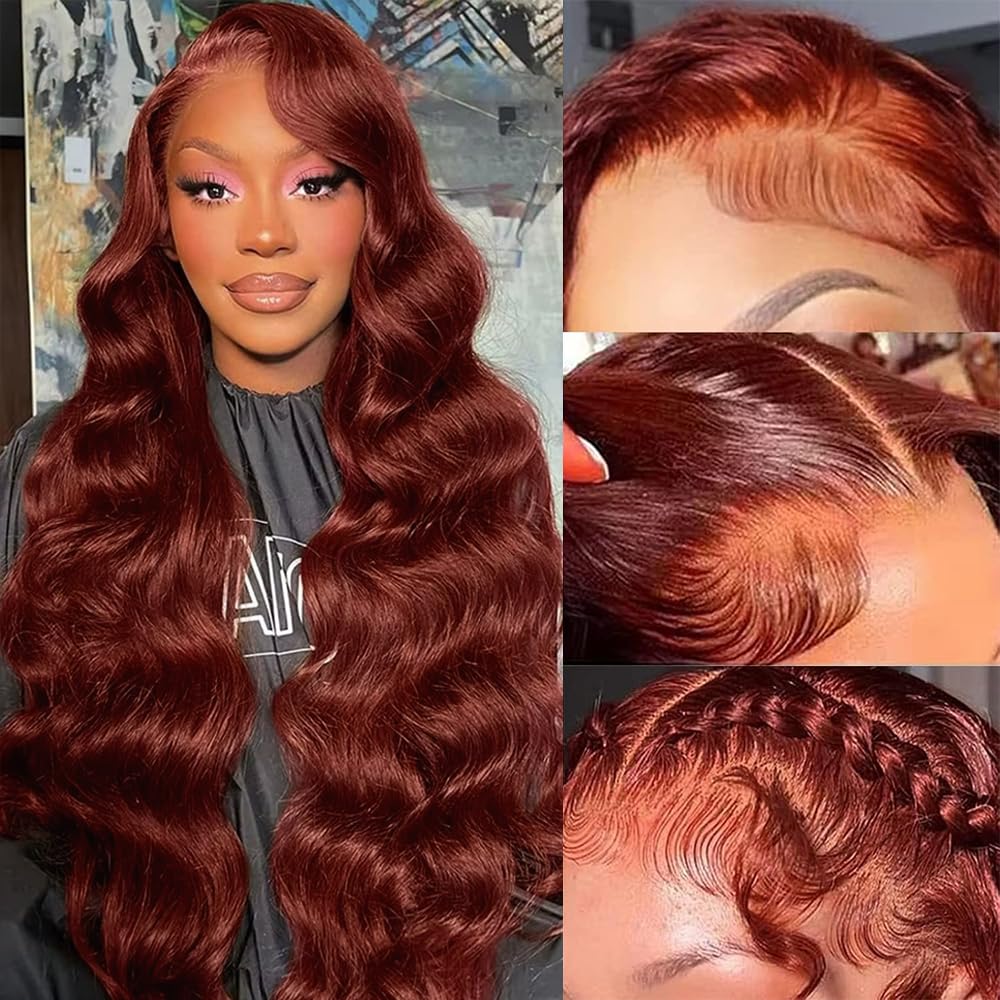 KEKEYY Reddish Brown Lace Front Wigs Human Hair Pre Plucked 30 Inch 200% Density Body Wave Lace Frontal Wigs Human Hair 13x4 HD Lace Brown wig human hair with baby hair glueless wigs
