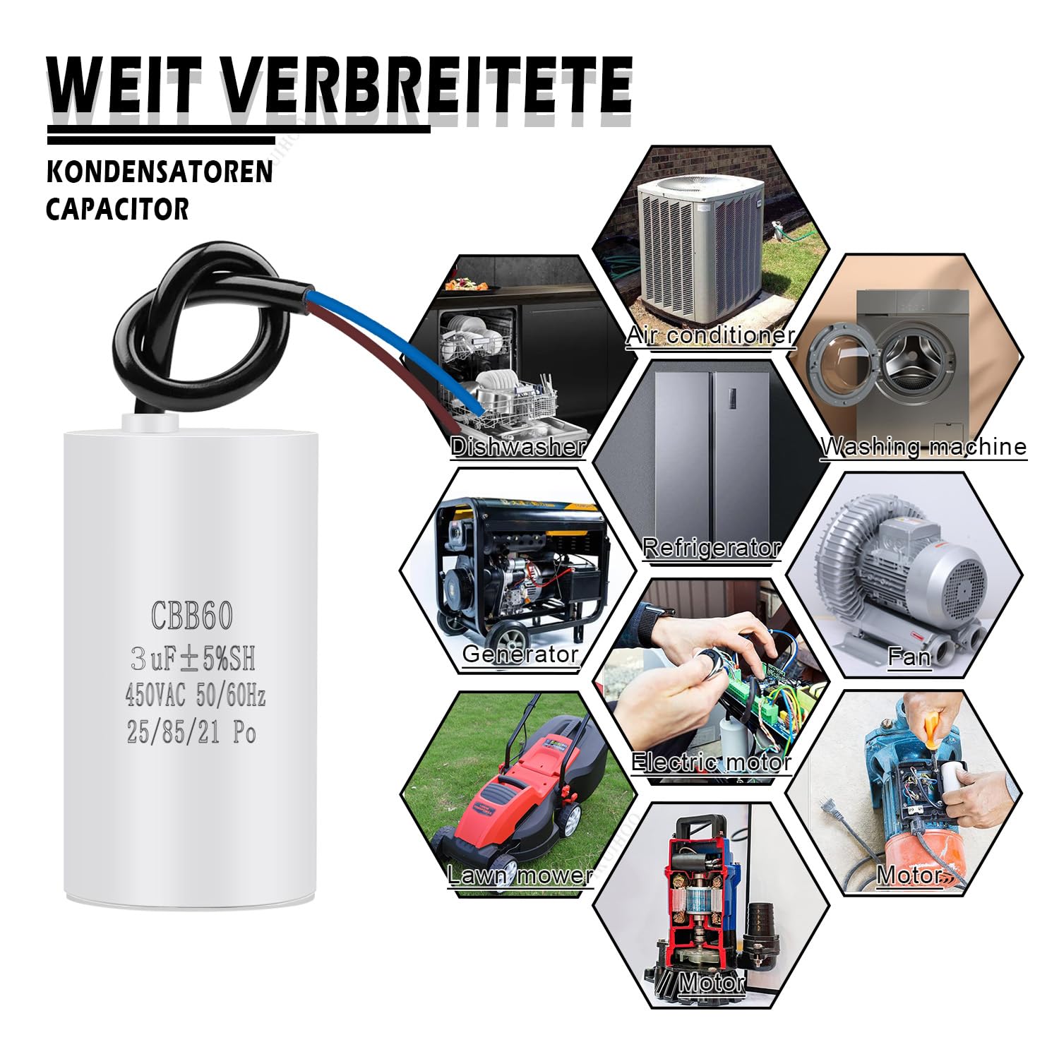 Condensatore CBB60 450V 80uF - Per Motori, Cavo Incluso, 50/60Hz