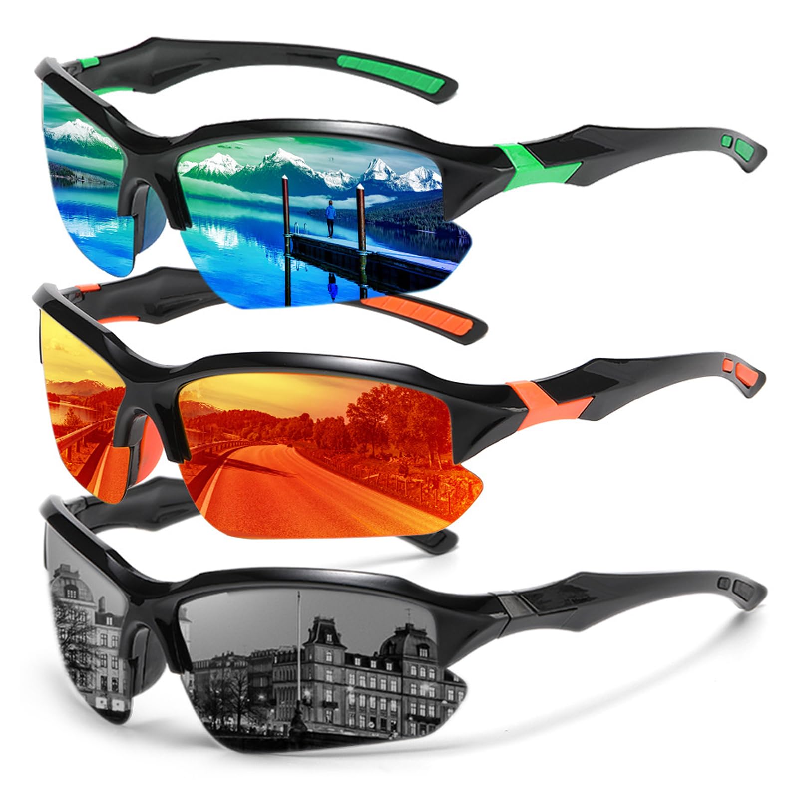 3 Piezas Gafas de Sol Deportivas, Polarizadas Gafas de Sol para Ciclismo para Hombre y Mujer Running Deportivas Cortaviento Gafas UV400 para Andar En Bicicleta, Correr, Escalar, Pesca, Esquí