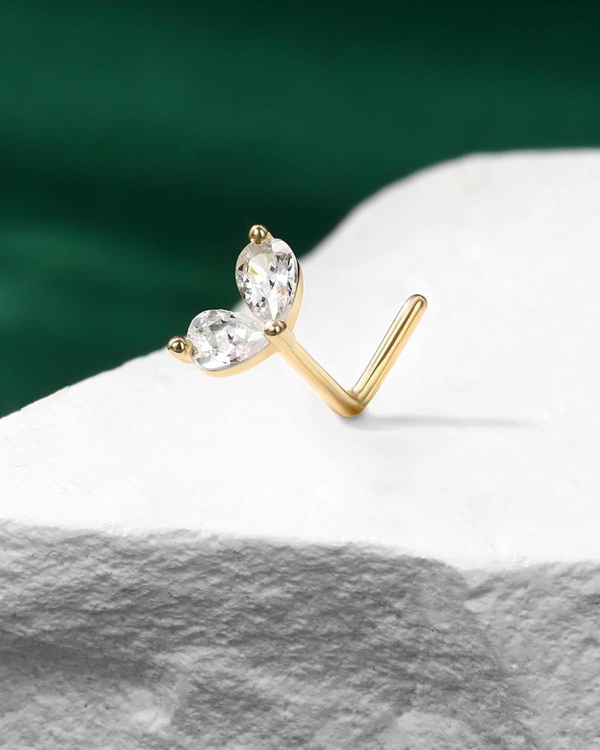 Cocharm 14K Solid Gold Flower Nose Stud - 20g Yellow Gold L Bend Nostril Stud, 7mm Long Nose Piercing, 14kt Real Gold Nose Stud with Sparkling CZ, Nickel Free