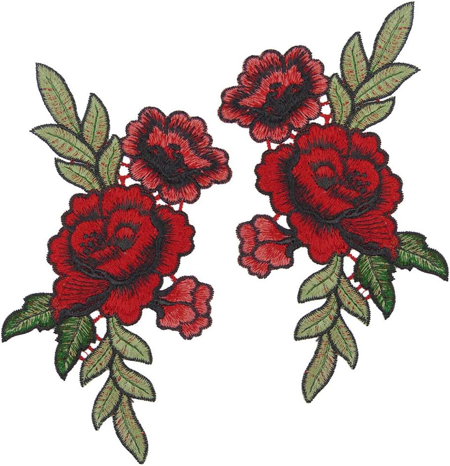 Qinlee Red Rose Patches Embroidered Sewing On Patch Flower Iron On Patch Stickers for Clothes Badge Sewing Fabric Applique Supplies
