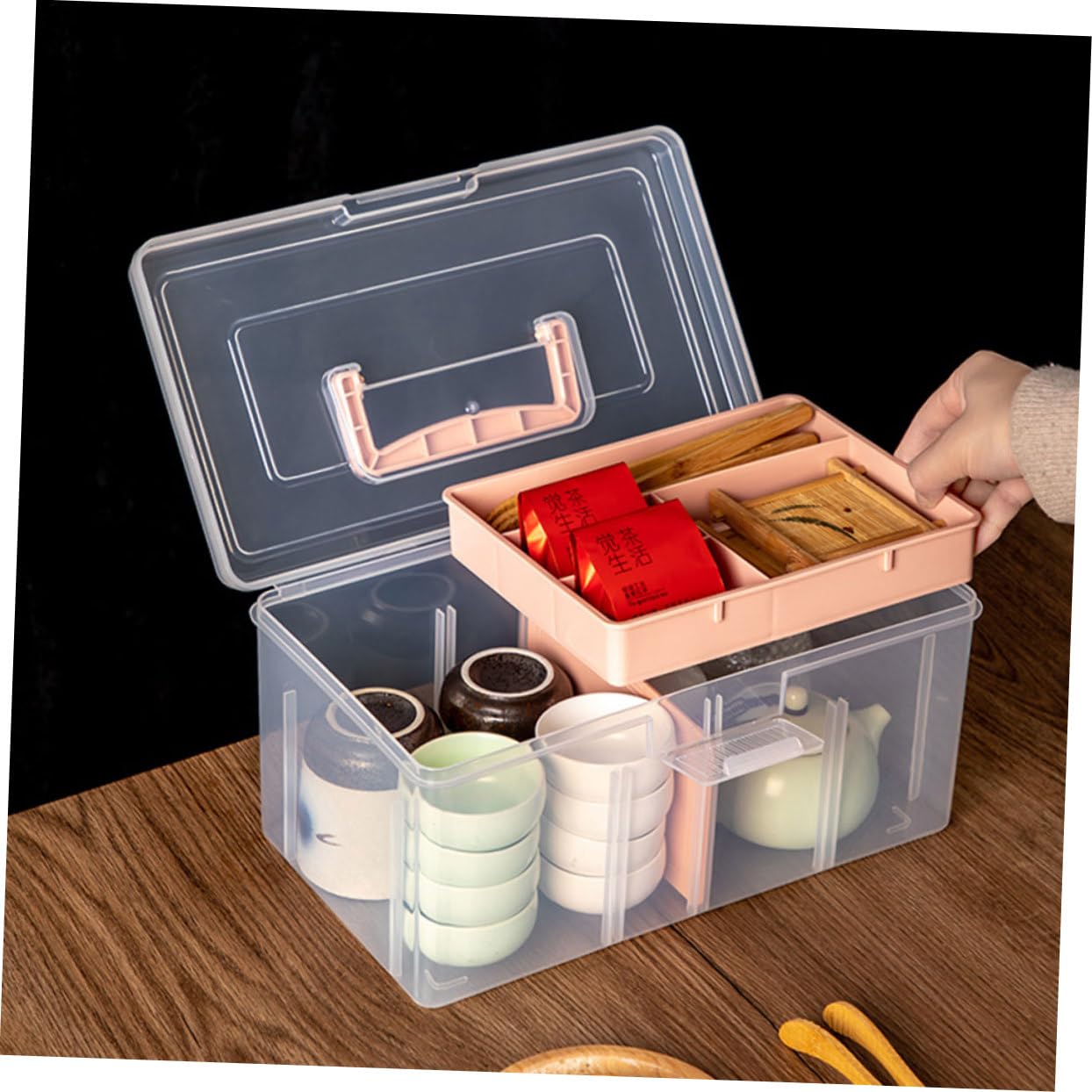 Scatola Organizer Multifunzione Rosa in Pp Trasparente con Manico | Struttura a Doppio Livello, Design Robusto Resistente a Deformazioni, per Accessori Creativi e Piccoli Oggetti
