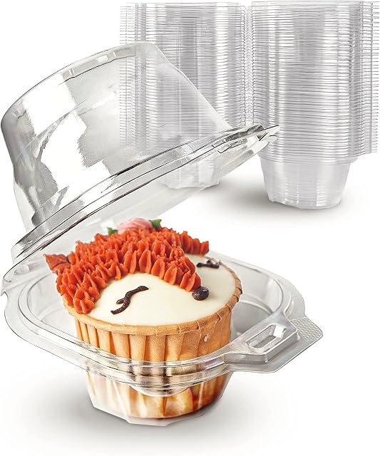 LATERN 60Pcs Clear Cupcake Boxes, 11CM Individual Plastic Cupcake Boxes High Dome Single Cupcake Holder Hinged Food Container with Lids for Cupcakes Large Muffin Salad Cheese