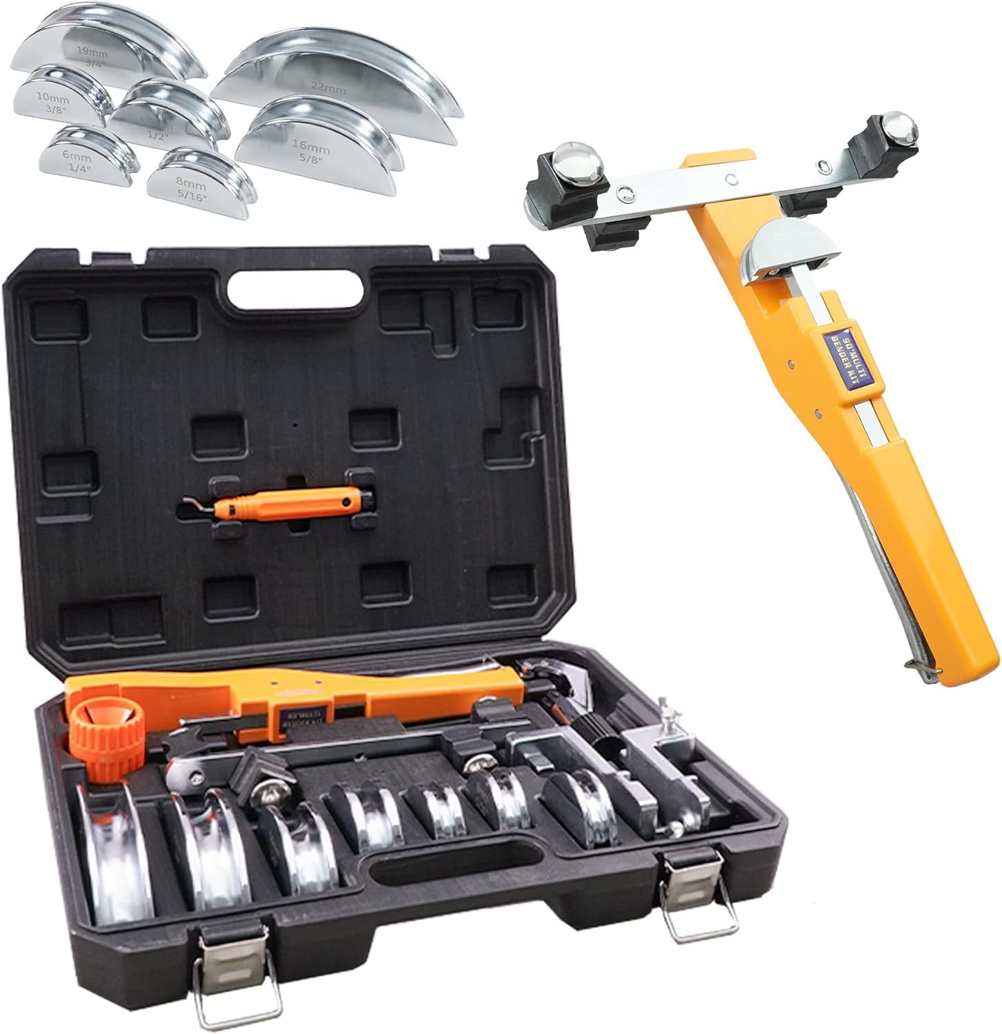 90° Ratcheting Pipe Tube Bender Set W/ 7 Color-Coded Aluminum Heads, 1/4"–7/8" O.D. Tubing, Tube Cutter & Deburring Tool, Portable Storage Case for HVAC, Plumbing & Refrigeration
