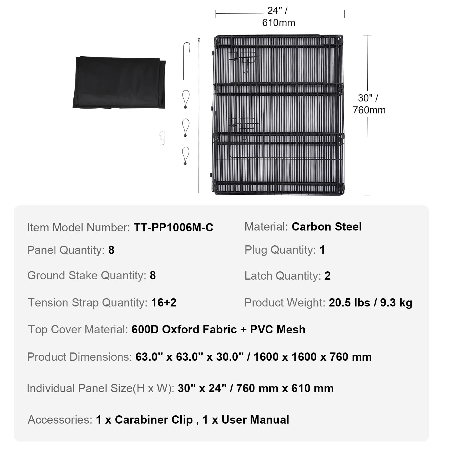 VEVOR Parque de Juegos para Perros 8 Paneles de 760 mm x 610 mm, Corral de Ejercicios de Metal Plegable con Puerta y Cubierta Superior de Tela Oxford 600D para Perros, Gatos y Otros Animales Pequeños