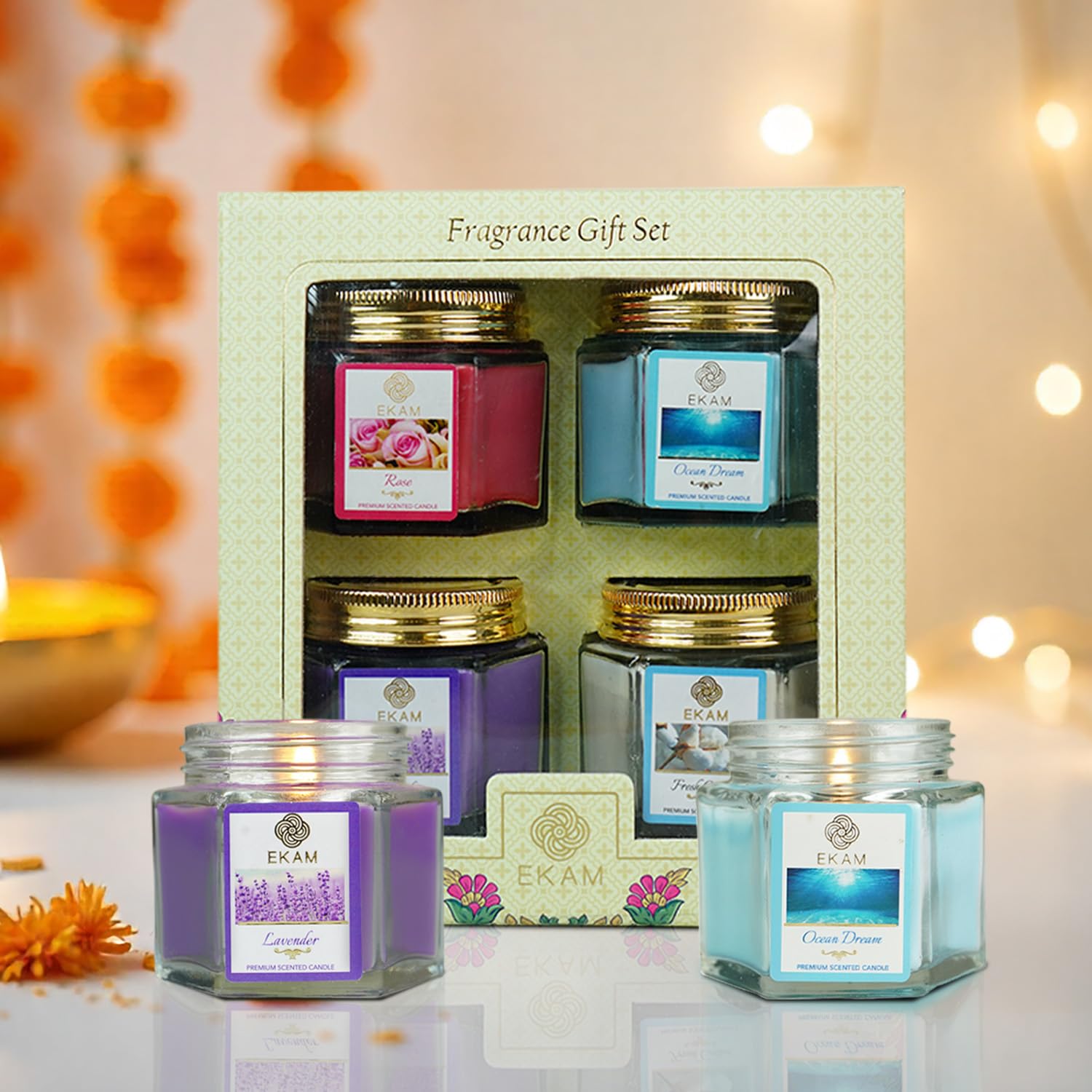 EKAM | Combo Pack of 4 Scented Hexa Jar Candles Gift Set | Festive Gift Box| Fresh Cotton, Ocean Dream, Lavender, and Rose| Perfect for Diwali, Rakhi, and More| Gifting, Wedding Decor, Home Decor-image-16