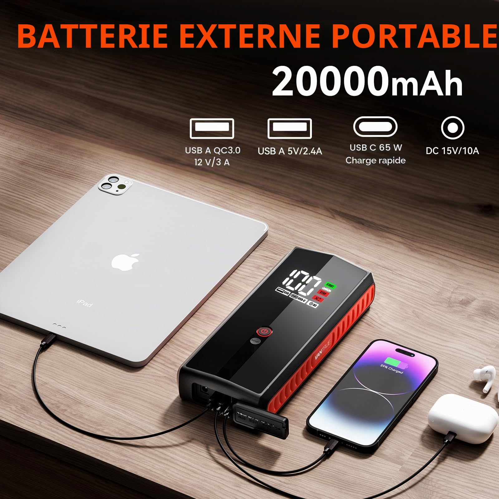 VANTRUE Bloc d'alimentation JS1, courant de crête 3000 A, 20 000 mAh, démarreur de voiture 12 V, écran LED et éclairage d'urgence, câble de batterie, gaz 7,5 l/diesel 6 L, charge rapide PD 65 W