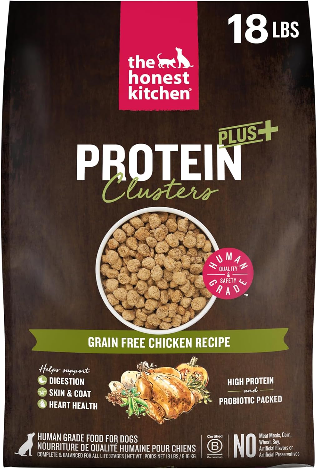 The Honest Kitchen Human Grade Dog Food, Protein Plus+ Clusters Grain Free Chicken Dry Dog Food, 18 lb Bag