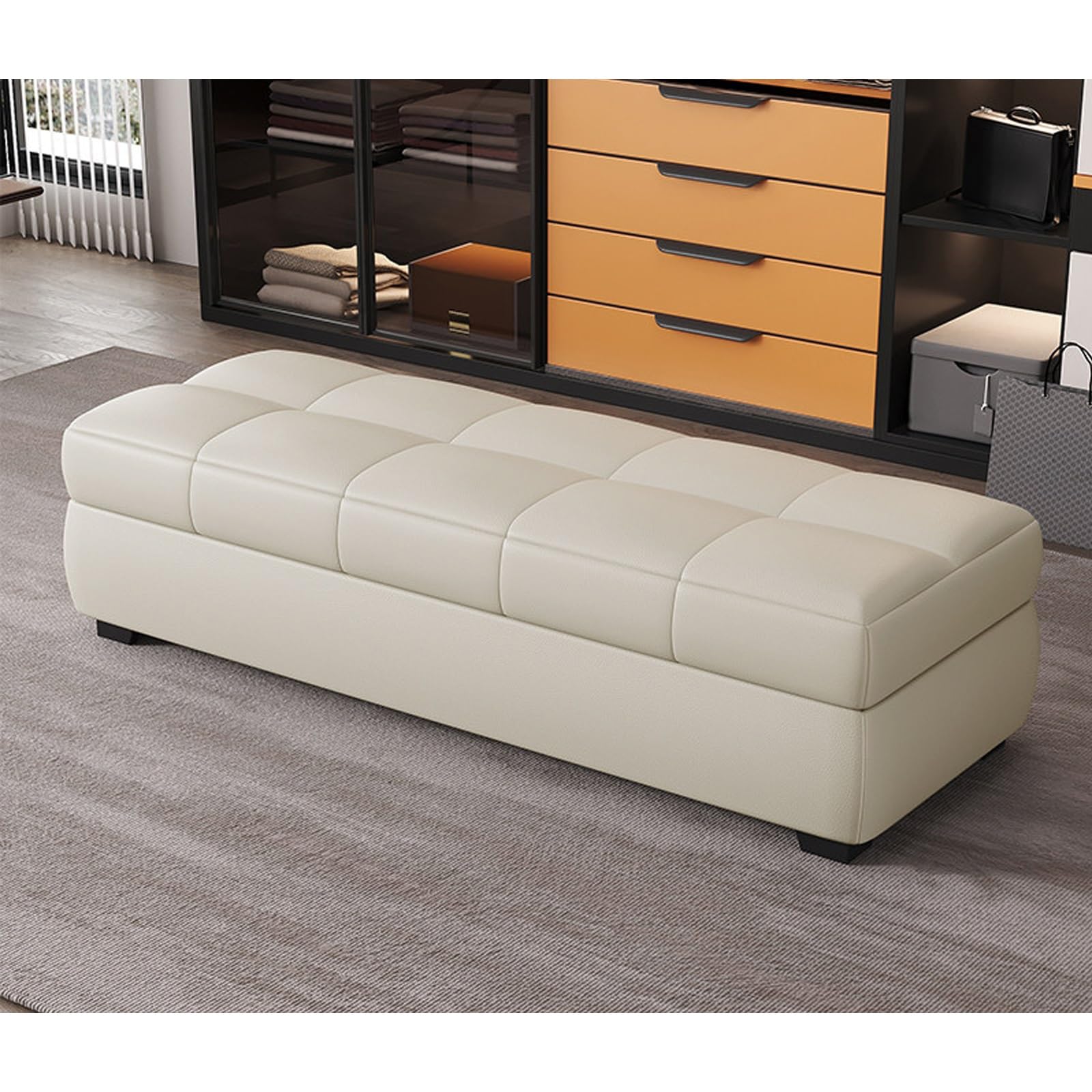 Banc ottoman de rangement en cuir marron 120cm pour entrée et salon