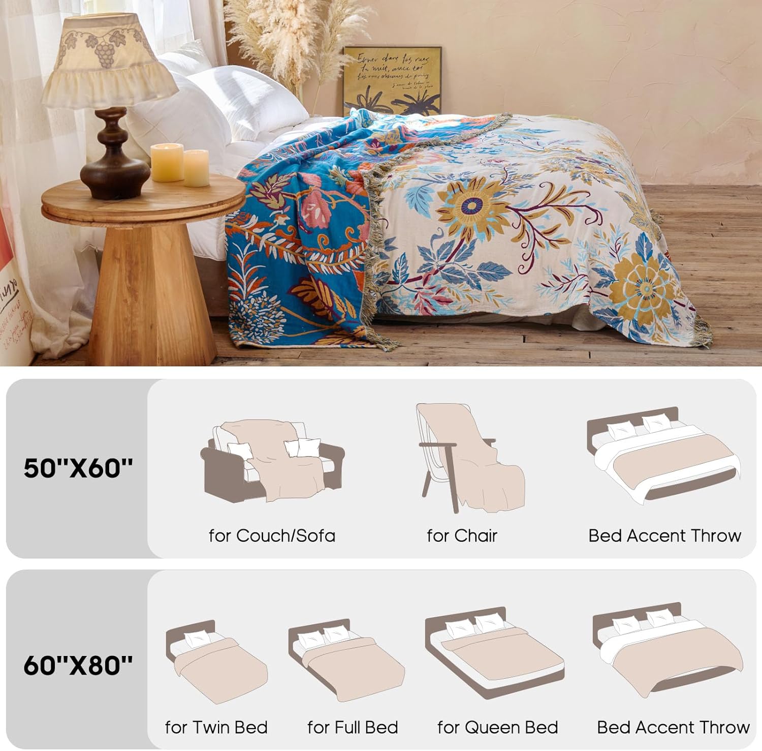Boho Throw Blanket 50"x60" Floral Couch Blanket with Sunflowers,100% Cotton Soft Breathable Lightweight Decorative Tassel Reversible Blankets for Sofa Bed Decor All Season - Image 5