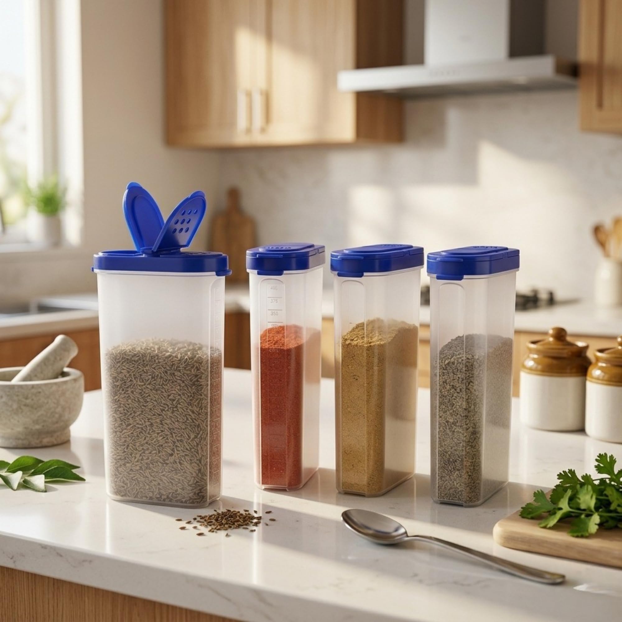 Mahaware Modular Spice Shaker Set of 4 (425ml) - Durable Spices Container for Kitchen & Masala Boxes | Versatile Seasoning Dispenser & Masala Organiser for Countertop Storage (Blue)