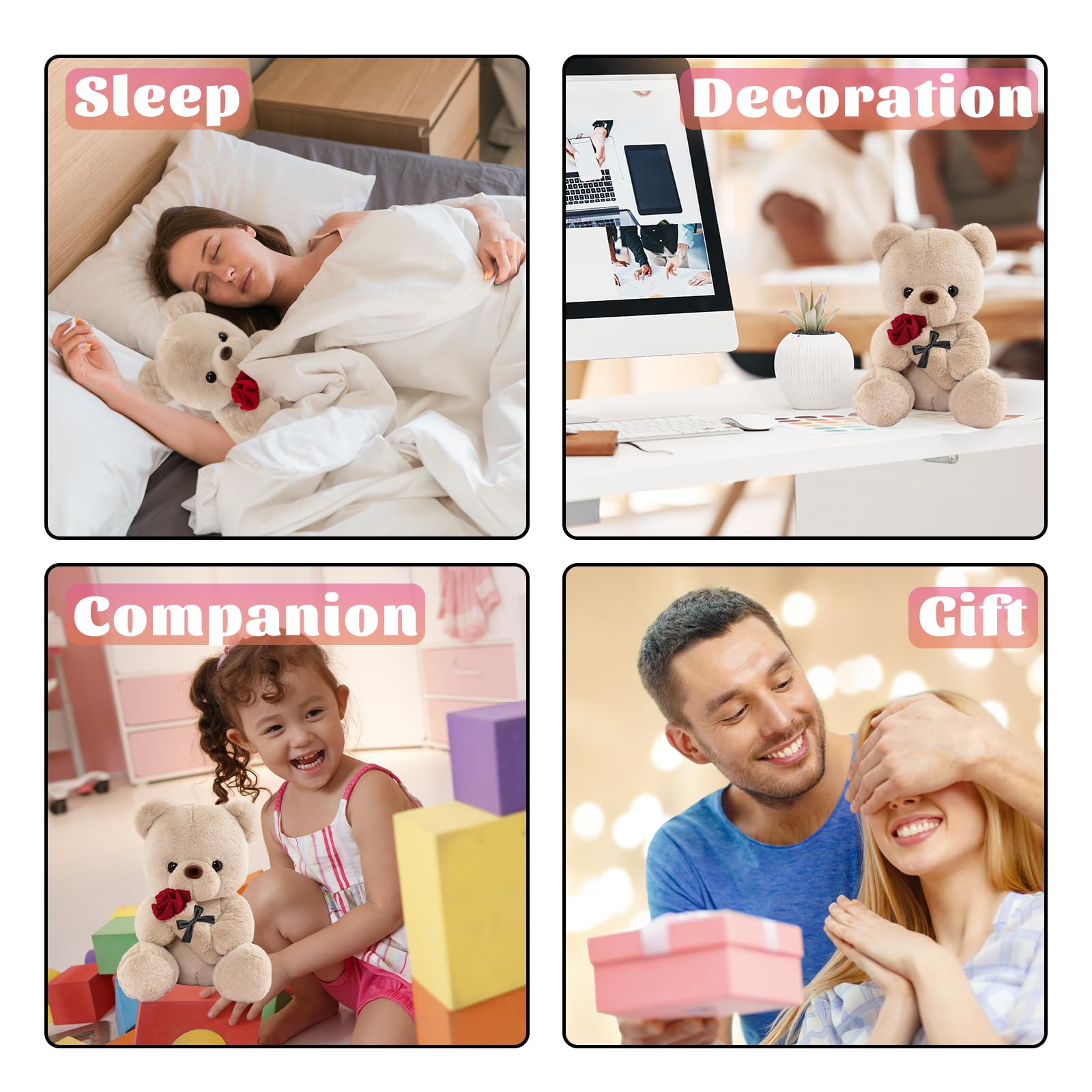 Oso de Peluche con Rosa, Regalos Originales para Mujer, 25cm Oso de Peluche Osito Peluche Tierno Juguete de Peluche con Marrón Regalo Sant Jordi Aniversario Cumpleaños Boda para Mujer Amiga