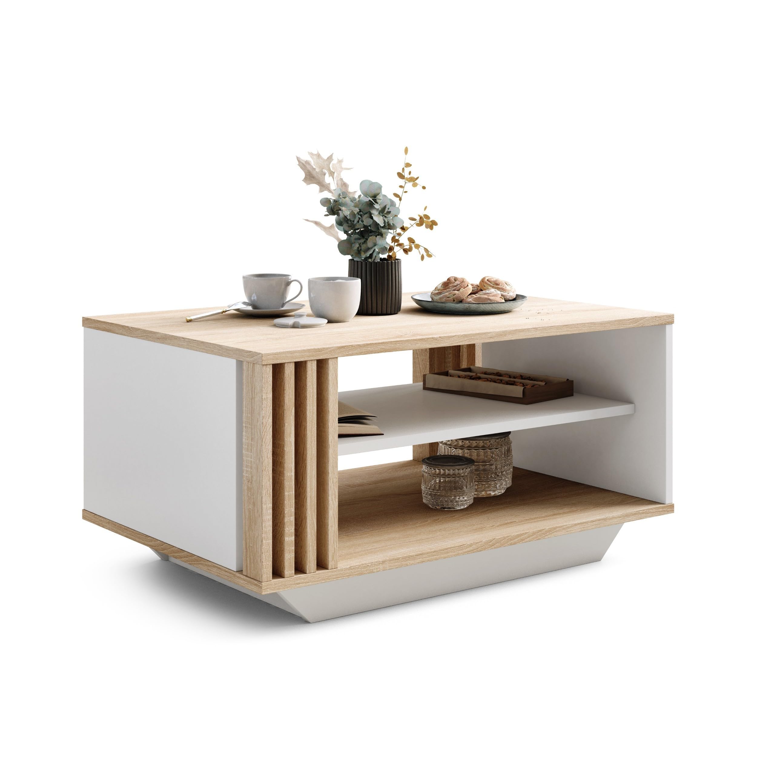 Table basse moderne Viosimc chêne Sonoma et blanc | Élégante rectangulaire | Salon | Design atypique | Étagère intégrée 