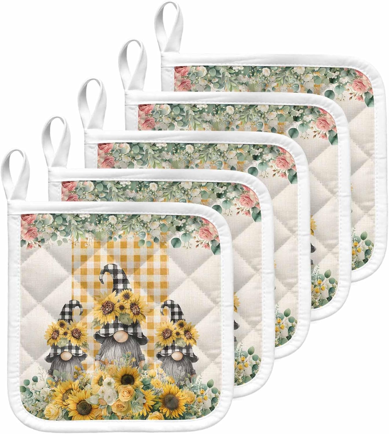 5 Pack Pot Holders for Kitchen, Sunflower Gnomes Hot Pads for Kitchen Countertops Oven Pot Holder Bulk, Spring Eucalyptus Floral Orange Plaid Heat Insulation Potholders with Hanging Loops