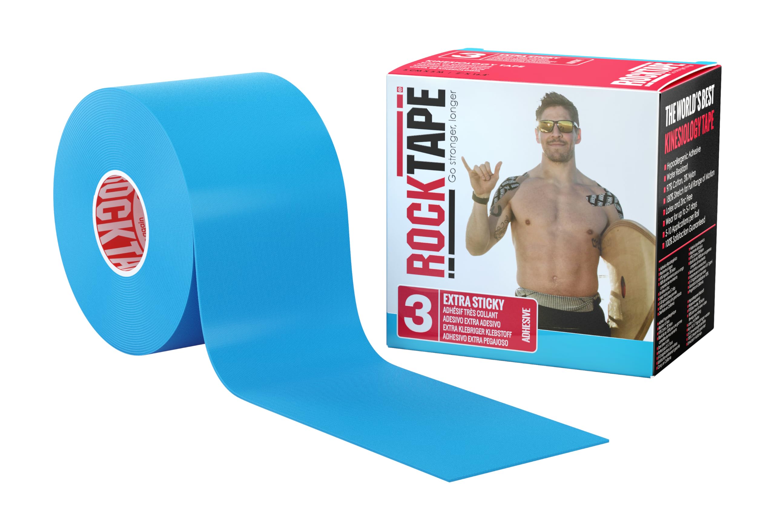 RockTape Extra Sticky Kinesiology Tape - Athletic Tape for Muscle Pain Relief, Injury Recovery - Microscopic Skin Lifting &amp; Decompression - Sweat &amp; Water Resistant