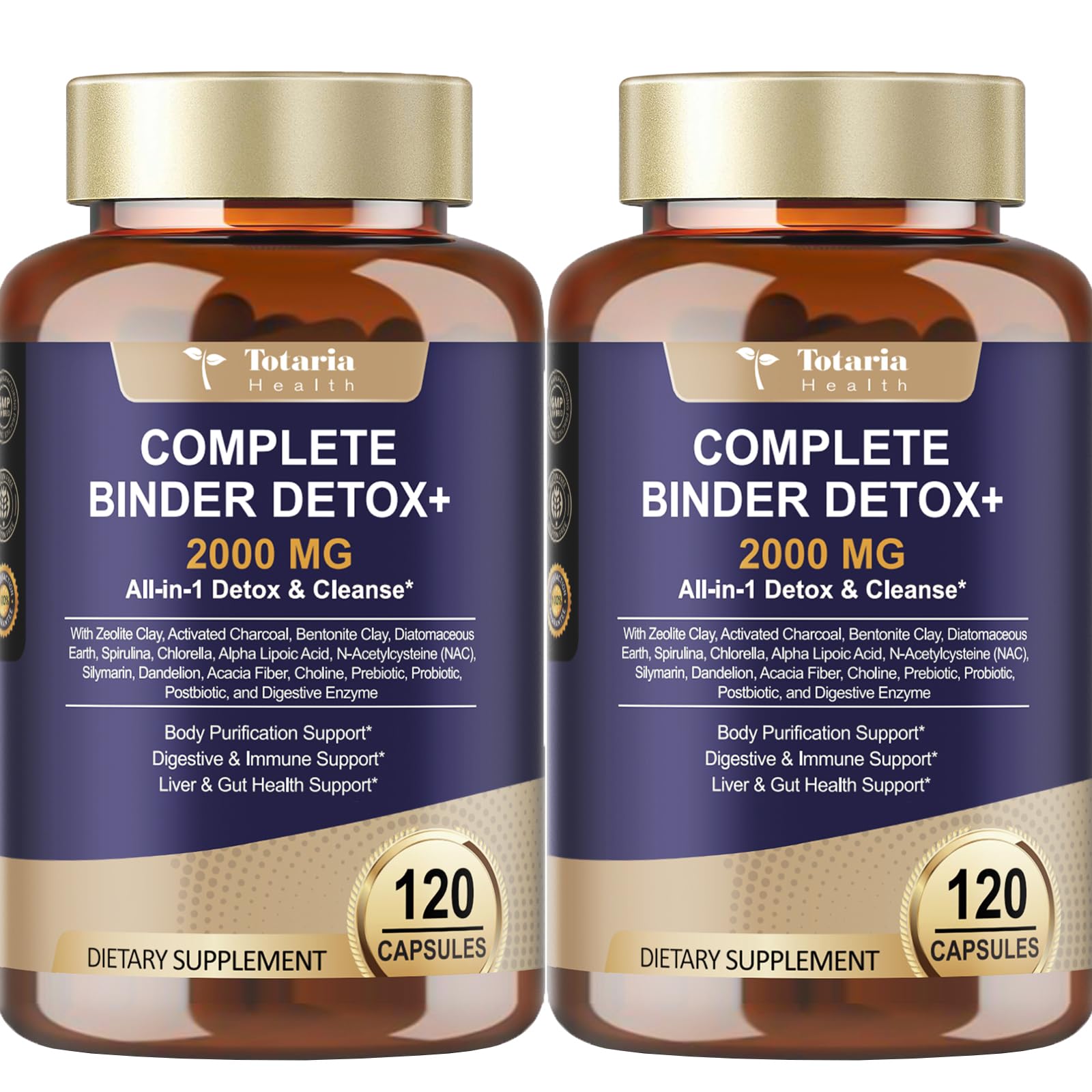 2Pack 2000MG Complete Binder Detox+ Activated Charcoal, Zeolite, Bentonite Clay, NAC, Milk Thistle, Probiotic, All-in-1 Detox & Cleanse Supplement, Liver & Gut Support, 240 Capsules 2 Pack