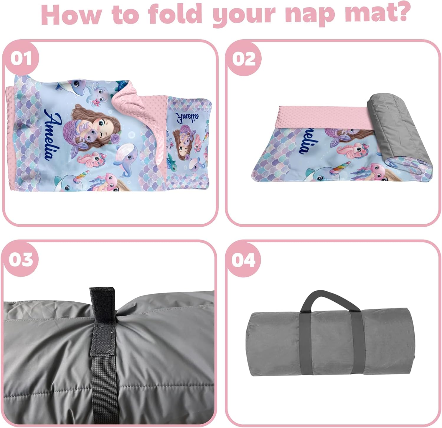 Personalized Toddler Nap Mats for Daycare - Custom Name Mermaid Kids Nap Mat for Preschool Kindergarten Girls Sleeping Bag with Pillow and Blanket, Thick Padded Easy Roll Up