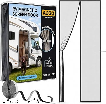 AUGO RV Screen Door with Magnetic Closure Self Sealing, Heavy Duty Mesh Camper Screen Door Bug Free Pet and Kid Friendly Hands Free with Stay Open Feature for trailers, Motorhomes 33x80 Inches