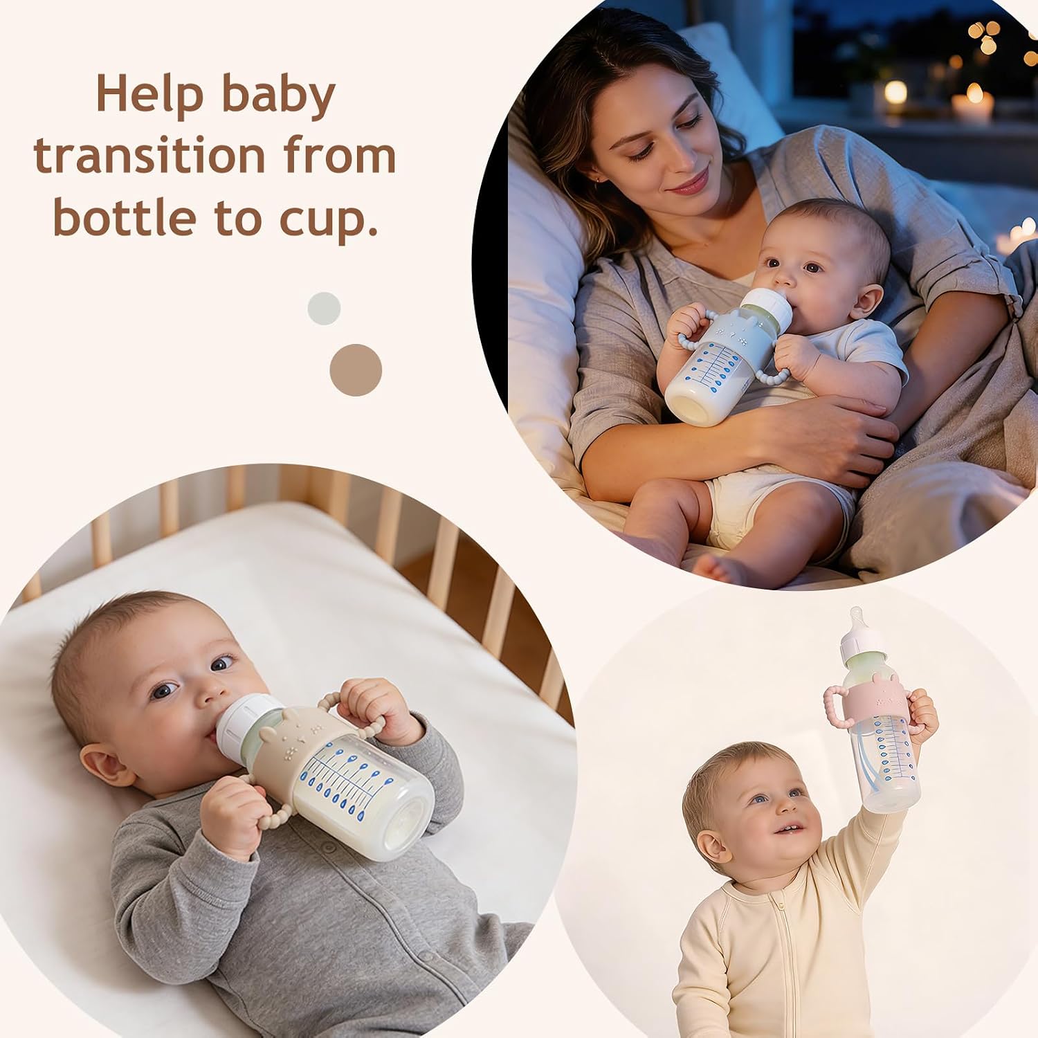Andy Bear 4 Pack Silicone Baby Bottle Handles Compatible with Dr. Brown’s 8 oz/250 ml Narrow Bottles, Removable Easy Grip Handles for Bottle to Sippy Cup Transition, BPA Free Playful Bunny