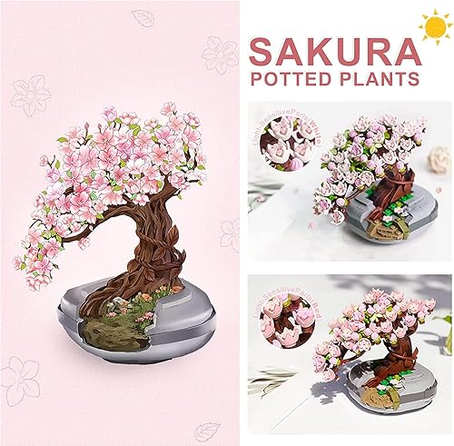 Miniatura 3 de Mini bloques de construcción Sakura Plant Bonsai, simulación creativa de bricolaje, flor de cerezo, colección botánica, ladrillos de construcción,