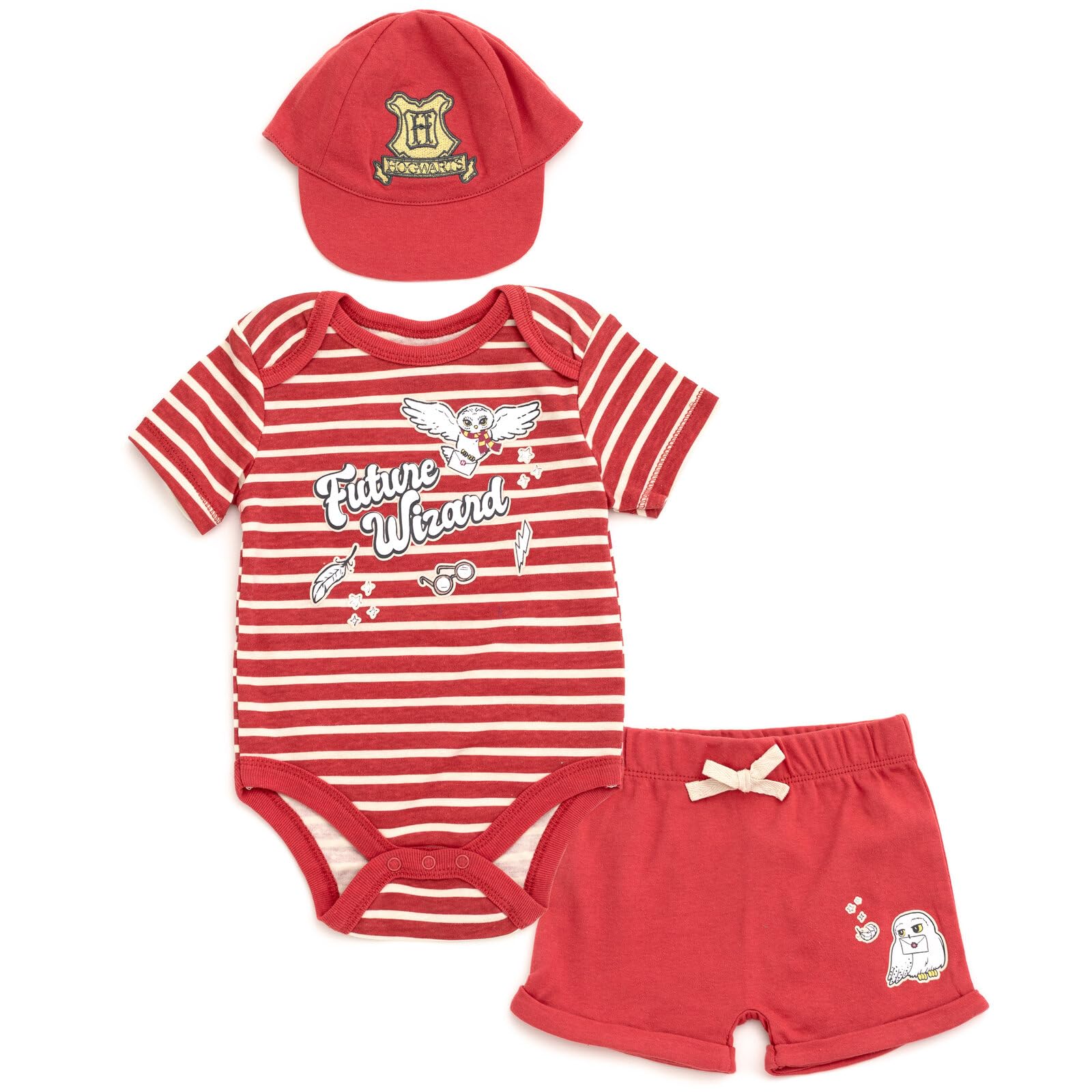 Harry Potter Baby Bodysuit, Shorts and Baseball Cap 3 Piece Outfit Set Newborn to Infant Sizes (Newborn - 24 Months)