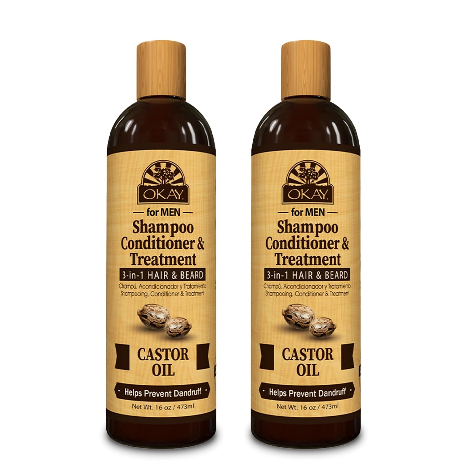 OKAY-MEN 3 in 1 Shampoo and Conditioner - Castor Oil Shampoo and Conditioner, Beard Wash, Clarifying Treatment for Dry Damaged Hair, Dandruff, Curly Hair - 16 Fl Oz (Pack of 2)